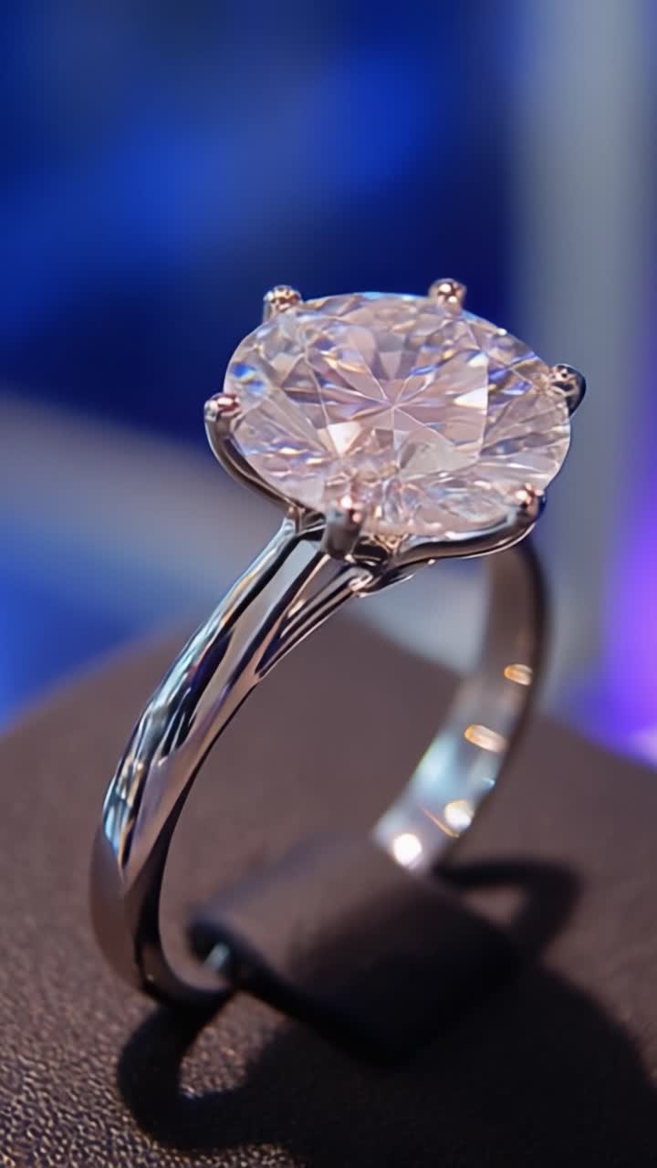 Primo piano mozzafiato di un brillante anello di diamanti che mostra una squisita fattura e una scintillante chiarezza sotto un'illuminazione vibrante, perfetto per occasioni speciali.