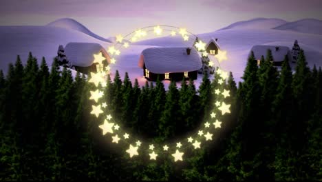 Animation-of-fairy-light-frame-with-copy-space-over-fir-trees-and-winter-scenery