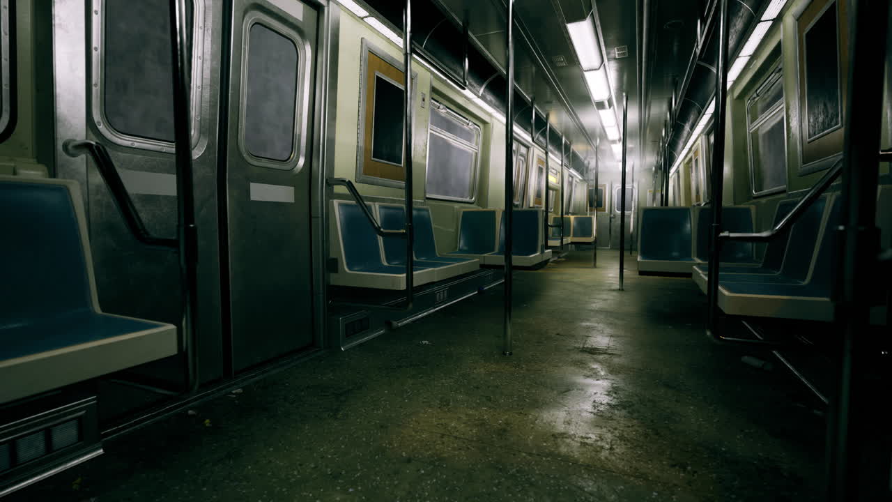 Interni di una carrozza della metropolitana vuota durante un viaggio notturno