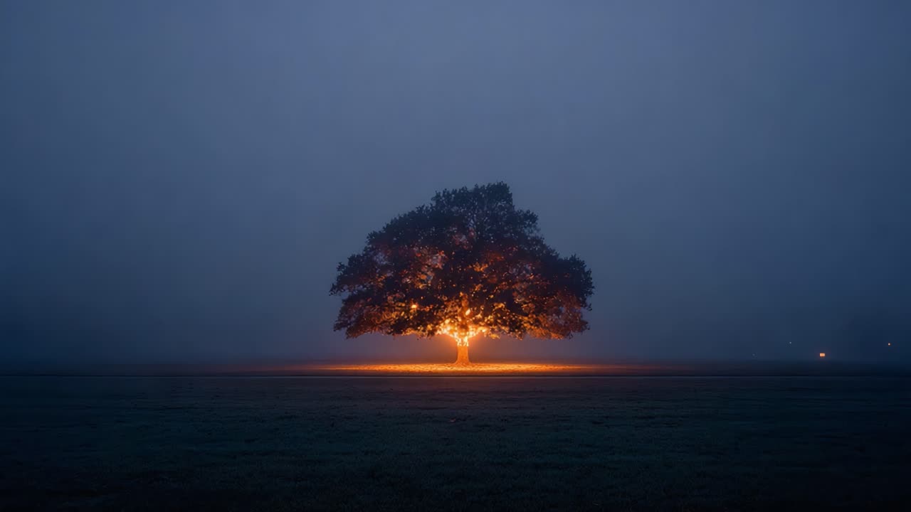 A Glowing Tree Illuminates a Foggy Landscape at Night, Creating a Mystical Atmosphere with Soft Light and Dark Surroundings