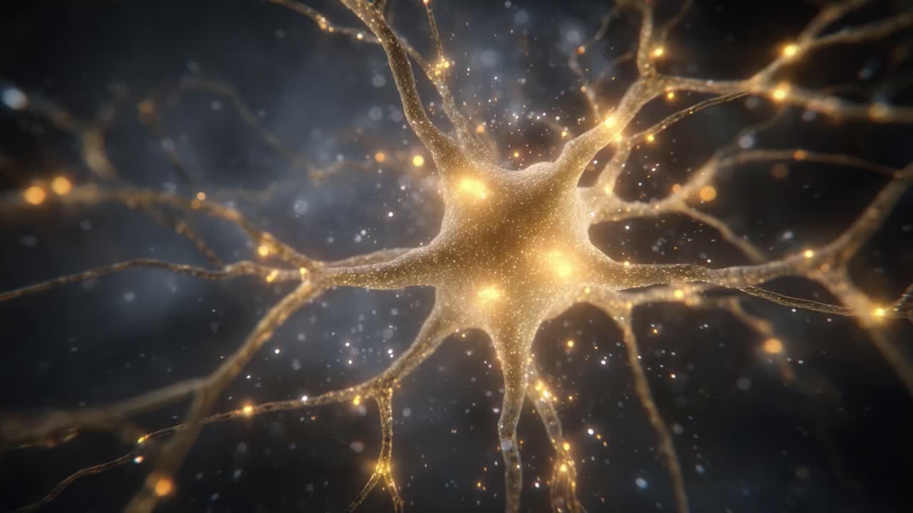 Stunning Visual Representation of a Neuron with Glowing Synaptic Connections in a Cosmic Background Capturing the Essence of Neural Activity and Communication