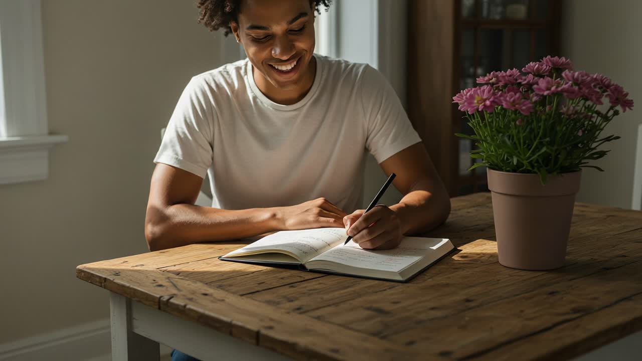 Focused Individual Engaged in Writing in a Notebook While Enjoying a Peaceful Moment with a Potted Plant and Natural Light Illuminating the Space