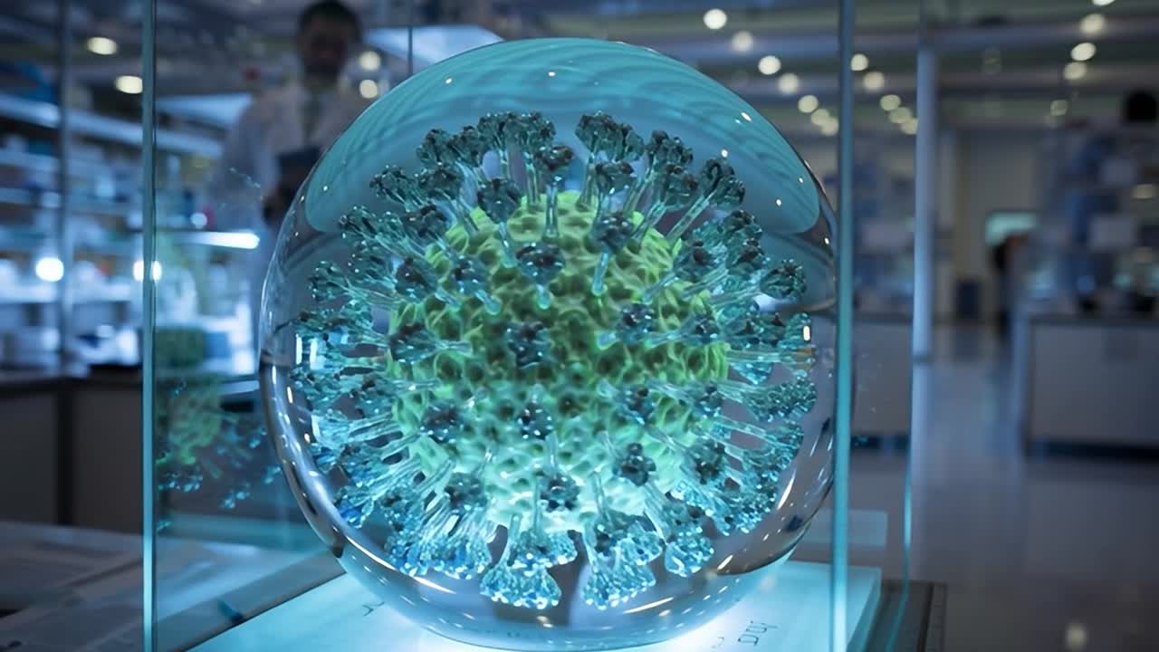 Scientists examine a model of a virus in a laboratory setting