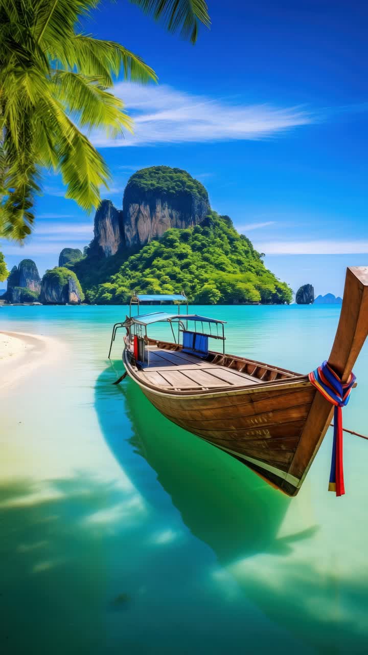 Una scena tropicale vivace, con una barca long-tail su acque turchesi. Scatto da un angolo basso, perfetto