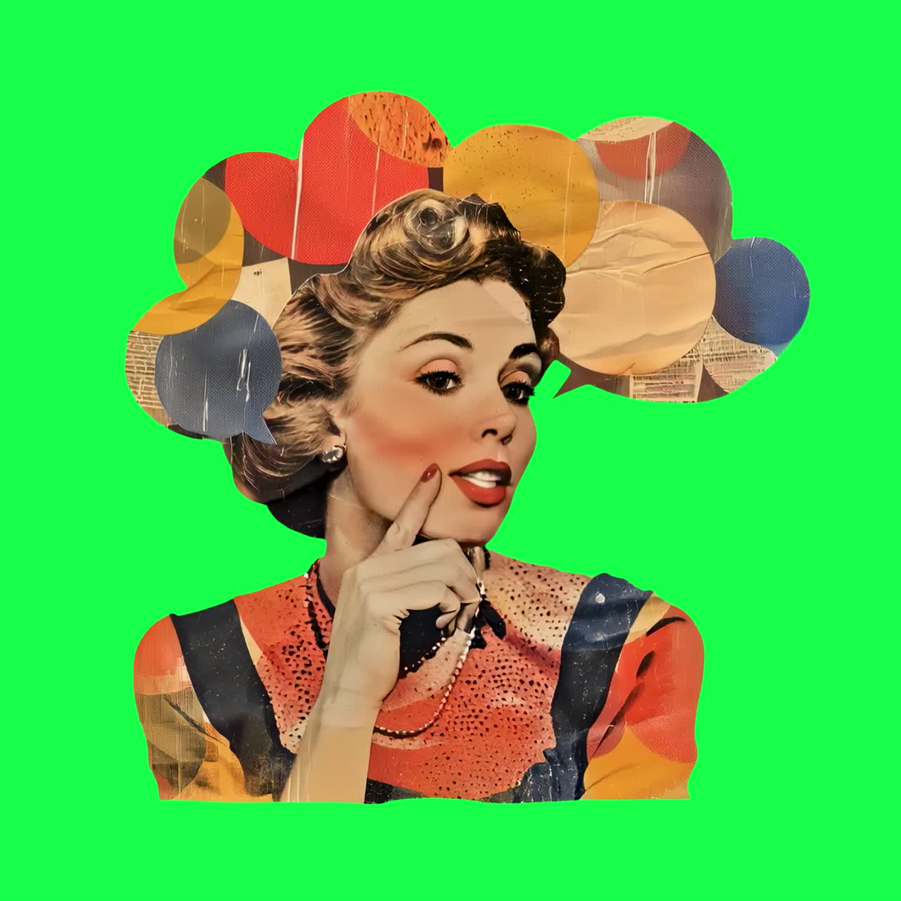 Vintage pop art kolaj portre animasyonu, şeffaf 4K video, green screen