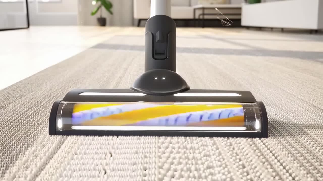 Video vysavače z nízkého úhlu na koberci, které představuje moderní čisticí technologii