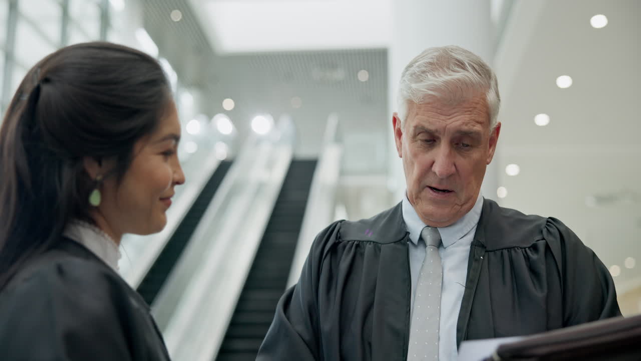 juez, mentor y equipo de abogados hablando