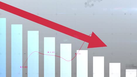 animación del procesamiento de datos financieros con flecha apuntando hacia abajo y estadísticas