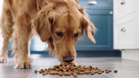a golden retriever enjoys its meal in a cozy kitchen, focusing on the delicious dog food spread on the floor, eagerly sniffing and tasting each bite