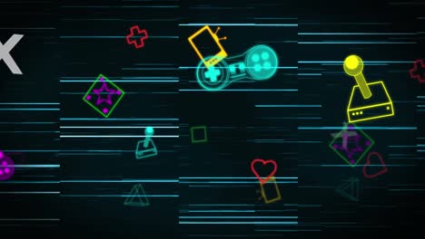 animation of colourful game and media icons over glowing blue lights processing