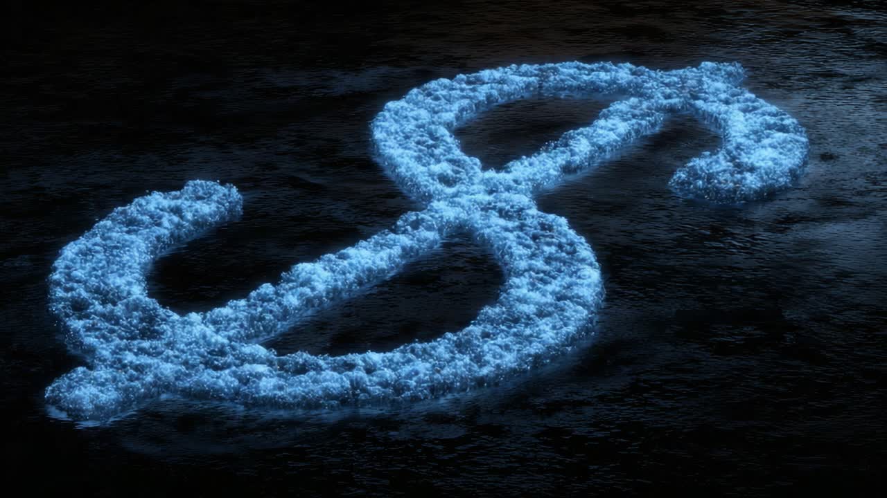 A Mystical Scene Unfolds as Sparkling Waters Form a Whimsical Symbol, Glimmering Under the Night Sky, Capturing an Enchanting Moment of Natural Artistry