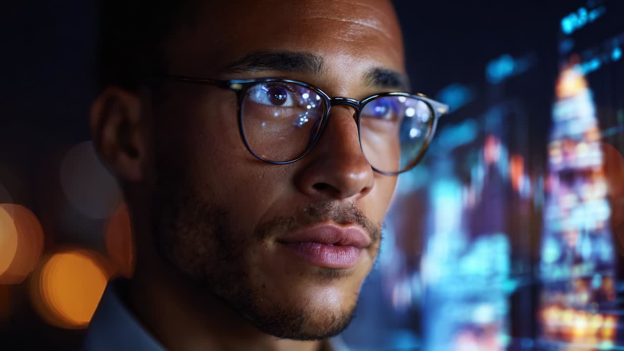 Captivated by Data: A Determined Individual Analyzing Financial Trends and Market Insights Using Advanced Technology in a Dimly Lit Environment, Showcasing Concentration and Insightfulness