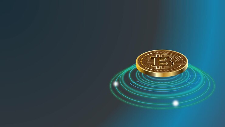 Bitcoin in rotazione in un lungo ciclo sulla destra dello schermo su uno sfondo blu sfumato con spazio per il testo a sinistra
