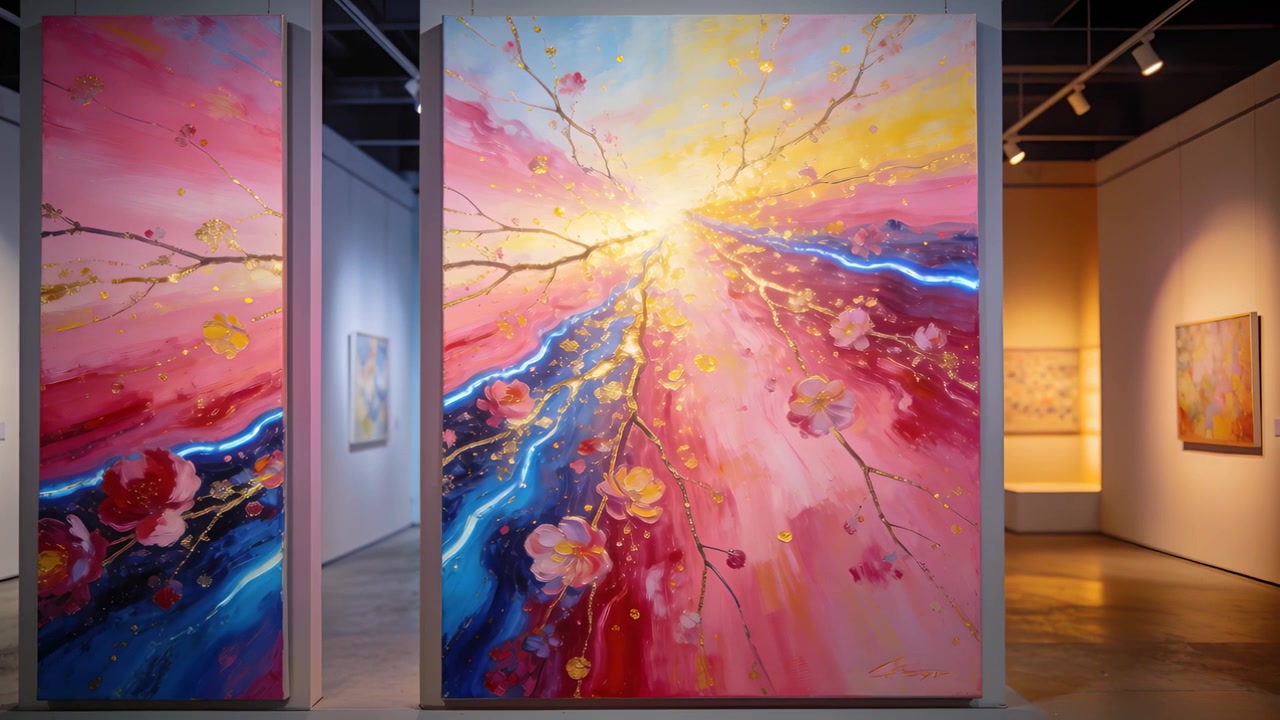 ギャラリーで、カメラが中央の花の絵画にパンしながらズームし、キャンバスと細長いパネルが映し出される。