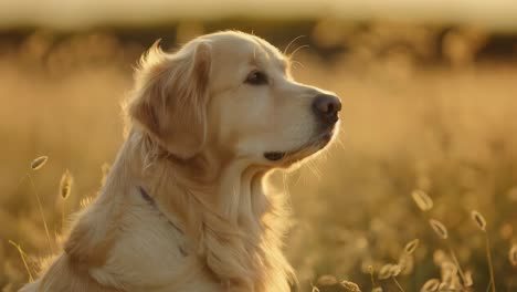 golden retriever in a field at sunset