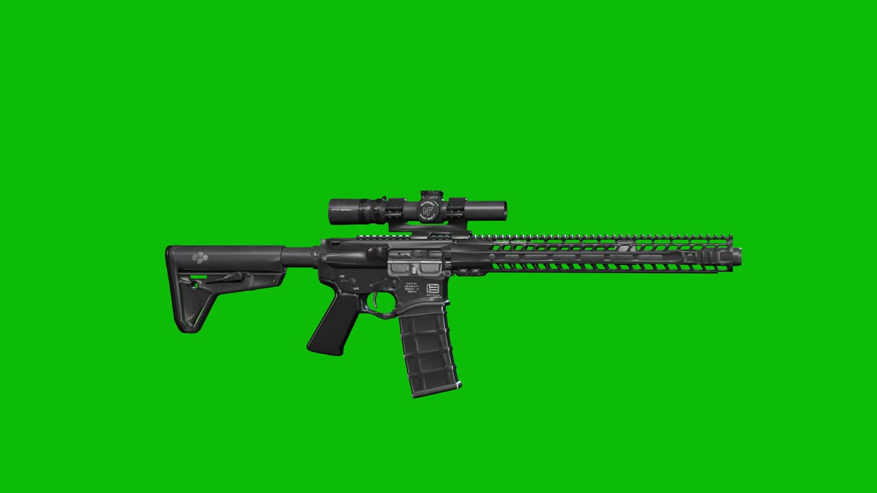 3D model of a modern ASL-19 tactical machine gun rotating 360 degrees on green screen 3D animation