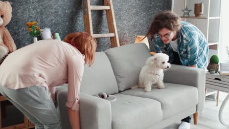 happy couple moves into a new home carrying a new couch on which their pet is housed