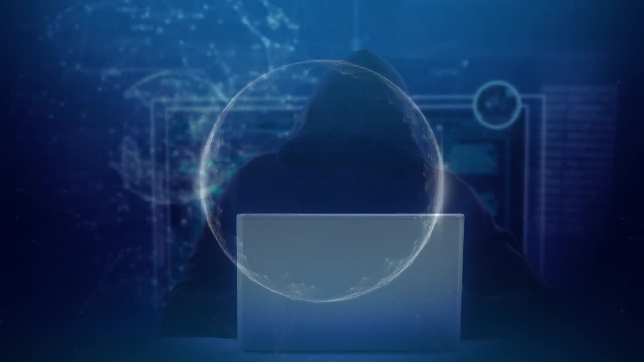 노트북으로 해커를 통해 지구의 애니메이션과 데이터 처리