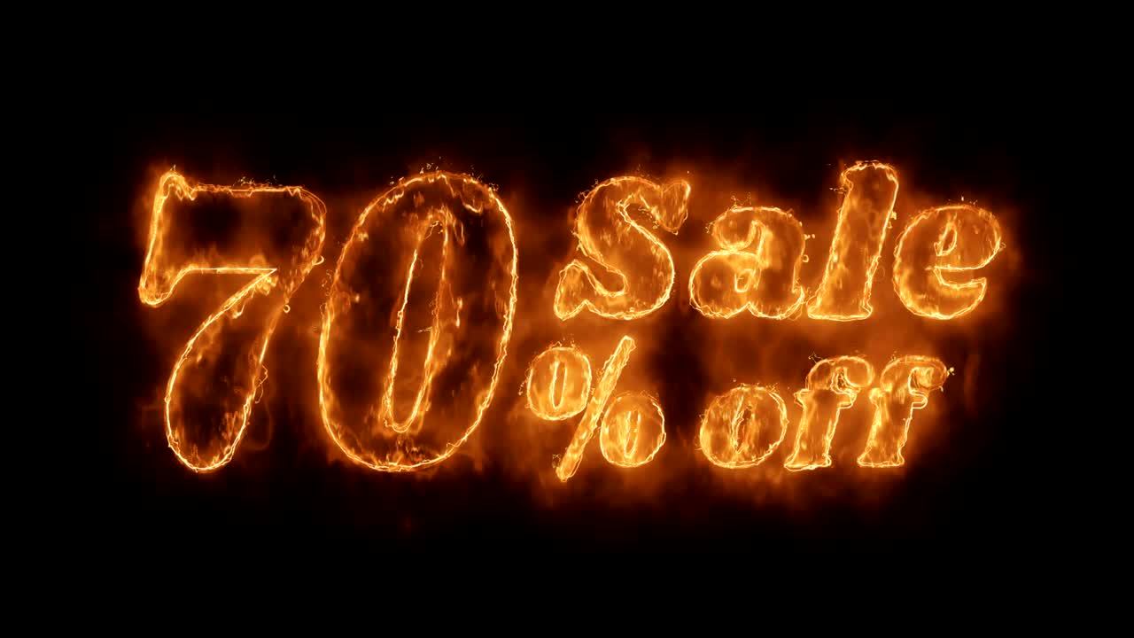 70% de descuento en la palabra animada caliente que quema el bucle de llamas de fuego realista.
