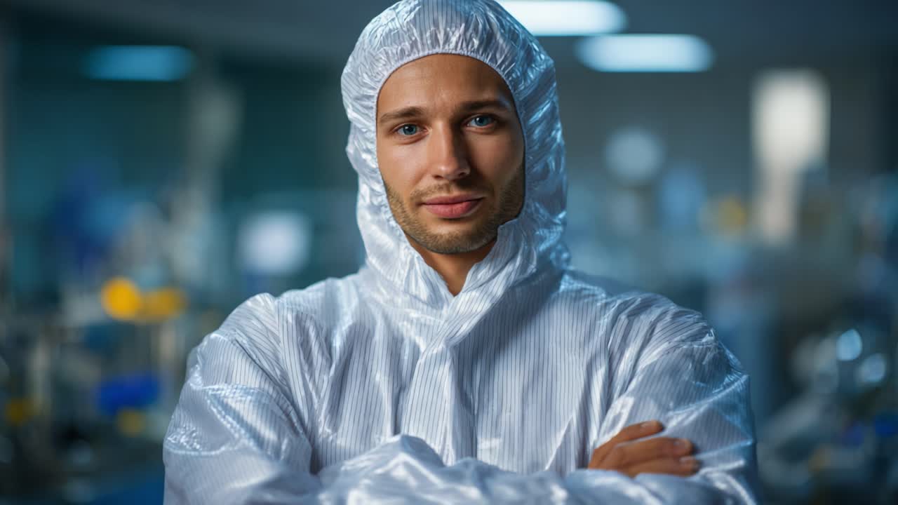 Scienziato in tuta protettiva sorride con sicurezza in ambiente di laboratorio, dimostrando protocolli di sicurezza e professionalità in un ambiente di ricerca scientifica