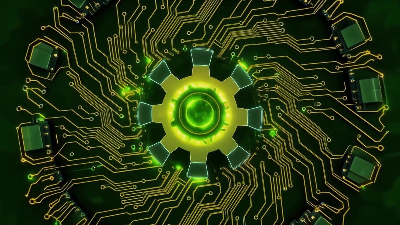 Abstract Digital Circuit Board with Rotating Gear Animation