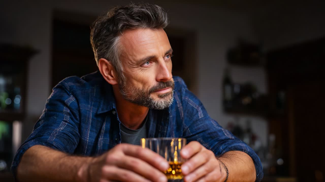 Portrait of a Thoughtful Man Drinking Whiskey
