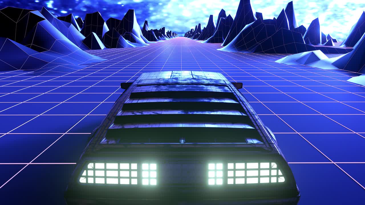 레트로-푸투리스틱 80년대 스타일의 공상과학 자동차 배경, 원활한 루프 3d 비디오 애니메이션