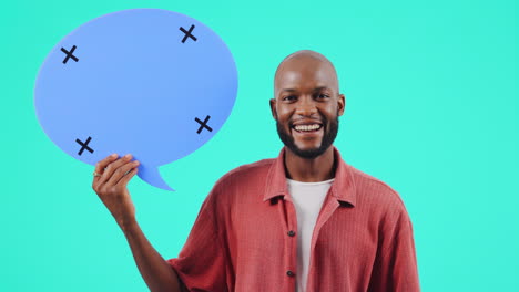 speech bubble, face and man pointing to