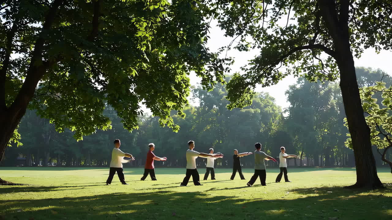 Group practicing Tai Chi in a serene park