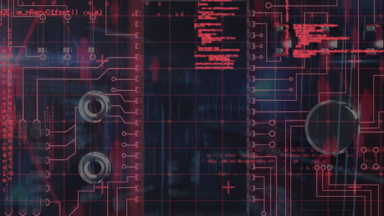 Animation of data processing over computer circuit board on black background