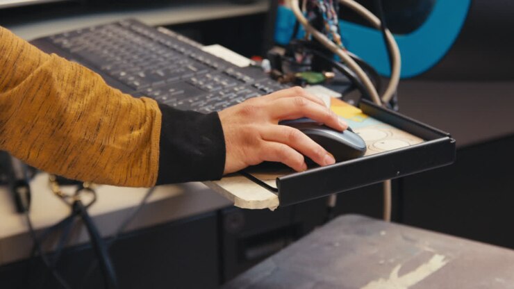 Employee clicks mouse to control digital printer during custom shirt production
