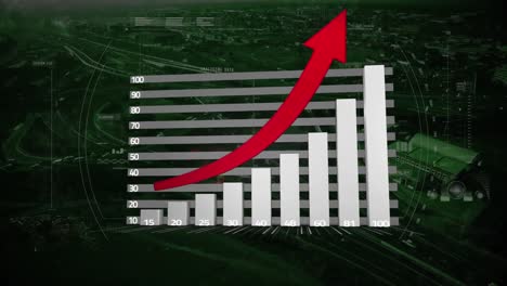 Animation-of-statistics-and-data-processing-with-red-arrow-on-screen-over-cityscape