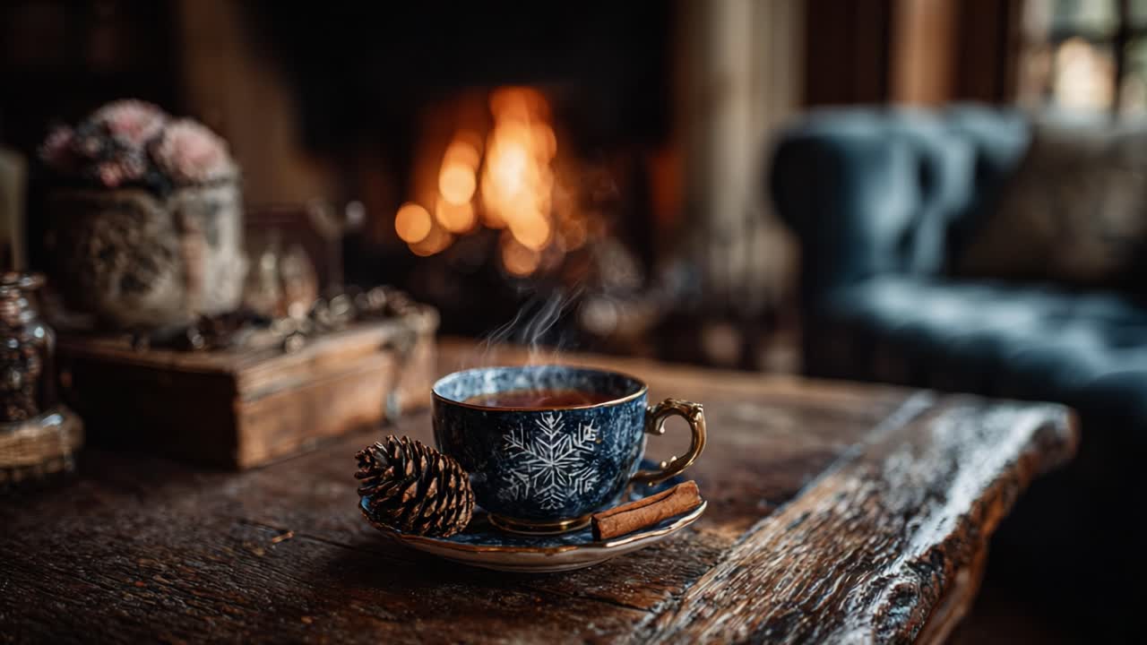 Warm and Inviting Cup of Hot Beverage Near a Cozy Fireplace, Perfect for Winter Evenings with Pinecones and Rustic Charm