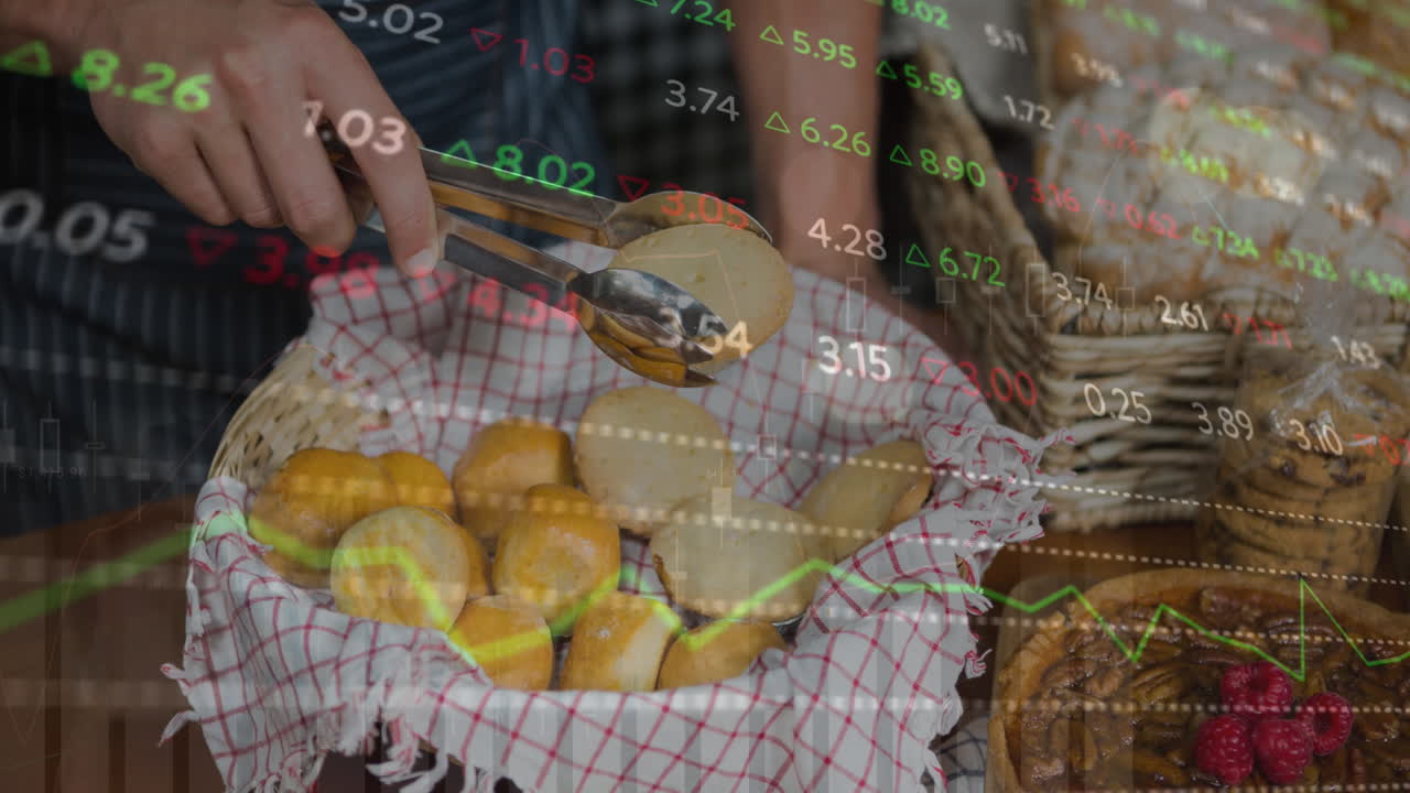 анимация изменяющихся чисел и графиков над серединой кавказского человека с маленьким хлебом