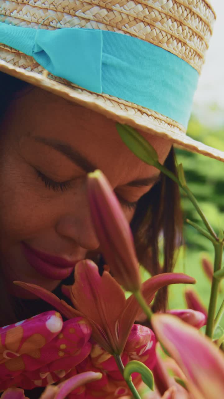 A Passionate Gardener Embraces Nature's Beauty While Tending to Vibrant Lilies, Capturing the Joy of Floral Life in a Sunlit Garden