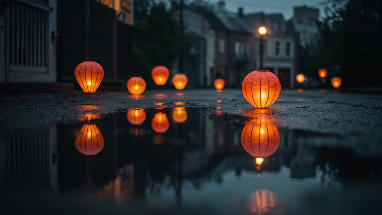 A Serene Evening Scene with Glowing Lanterns Reflecting in Puddles on a Rainy Street, Creating a Magical Atmosphere of Warmth and Tranquility