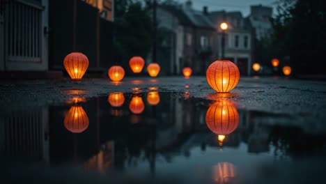 a serene evening scene with glowing lanterns reflecting in puddles on a rainy street, creating a magical atmosphere of warmth and tranquility