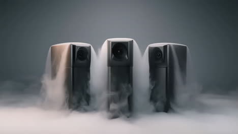 three cylindrical cameras emerging from dense fog