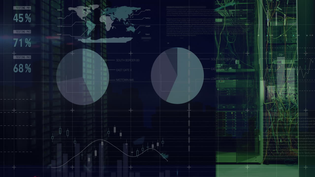 animación del procesamiento de datos estadísticos contra la sala de servidores informáticos