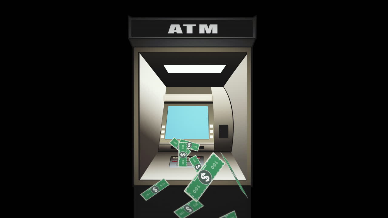 Sportello bancomat che eroga banconote - Animazione digitale su nero.