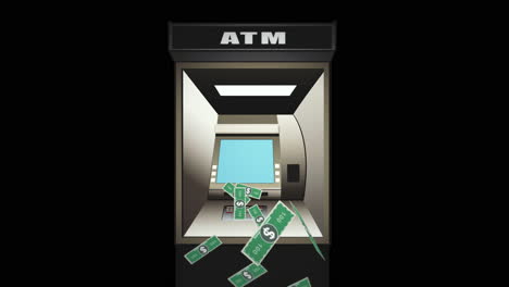 atm cash machine throws out bills - digital animation on black