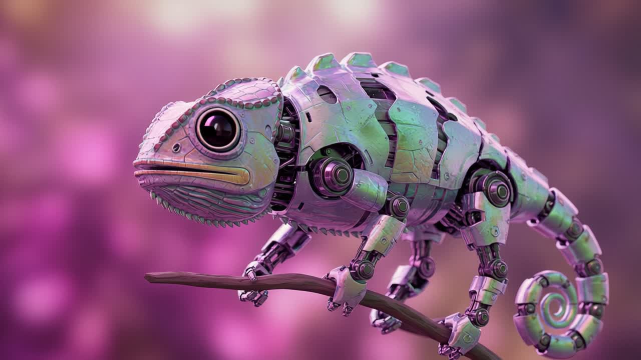 A Mechanical Chameleon Walking on a Branch with Stunning Colors and Intricate Details, Blending Nature and Technology in a Captivating Scene