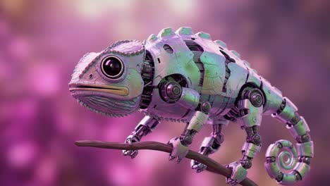 a mechanical chameleon walking on a branch with stunning colors and intricate details, blending nature and technology in a captivating scene