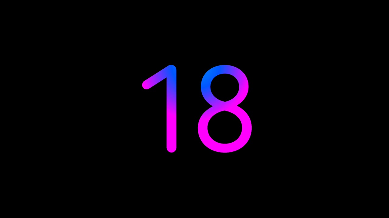 Numero neon 18 diciotto Animazione Gradiente luminoso Blu rosa Digitale Futuristico Numerico LED Loop Sfondo tecnologico astratto Grafica in movimento luminosa Moderno minimale Visuale UI scura.