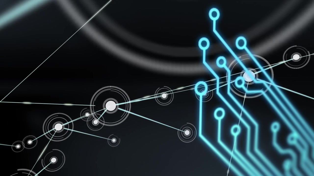 Animation of computer circuit board over network of connections on black background