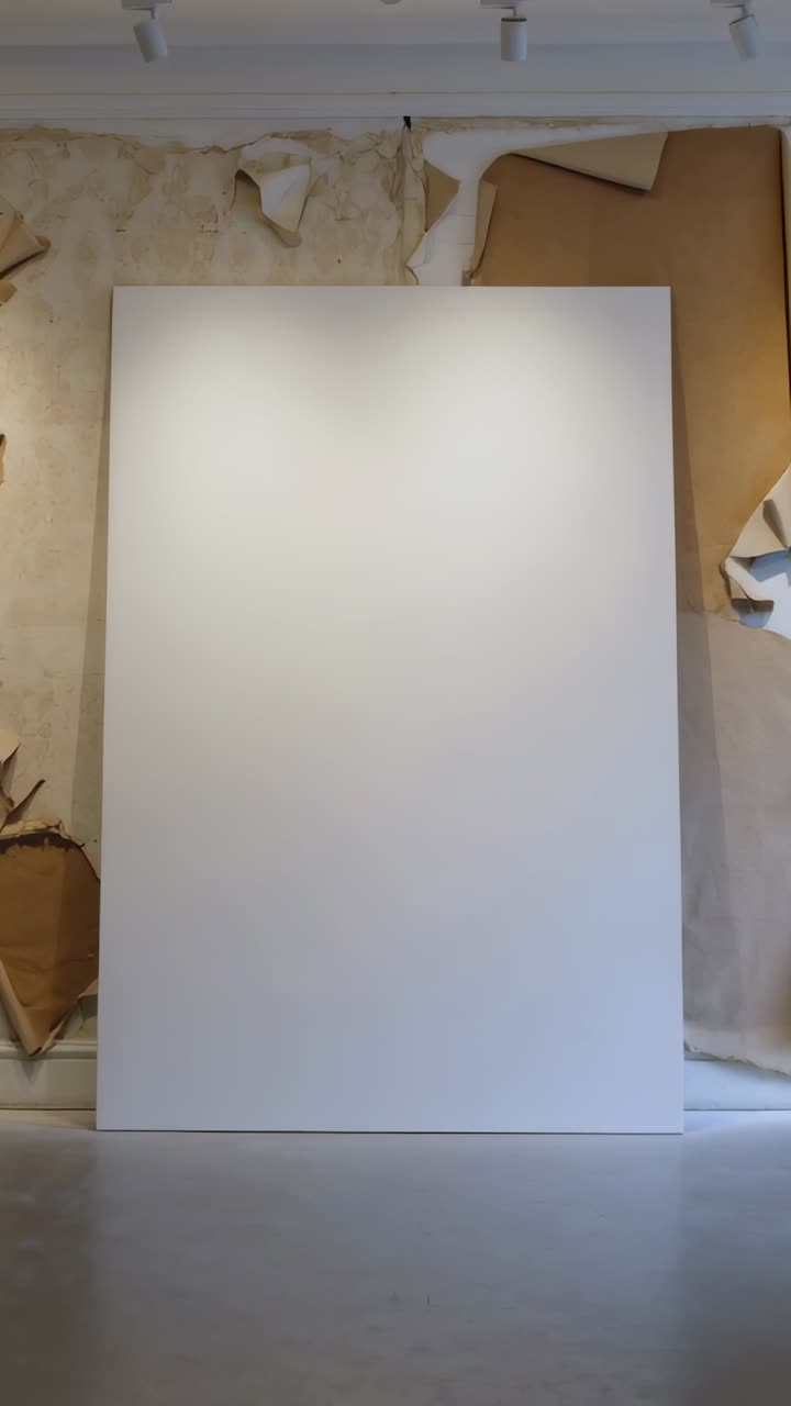 Vertical video: Pulling back camera revealing big canvas on torn wall under lights, framing panel