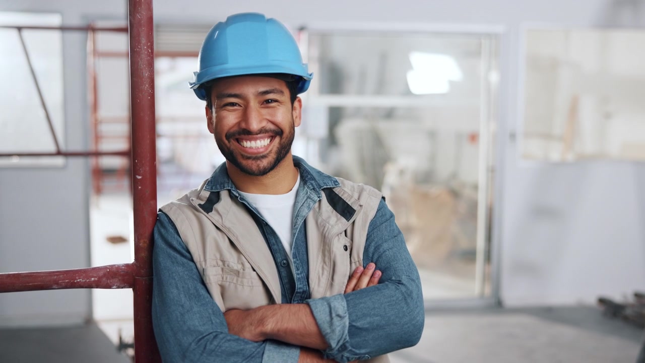 Smiling Construction Worker Wearing Hard Hat at Building Site