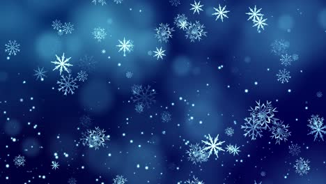 4k loop snow falling on blue sky with blue particles in the winter christmas background merry