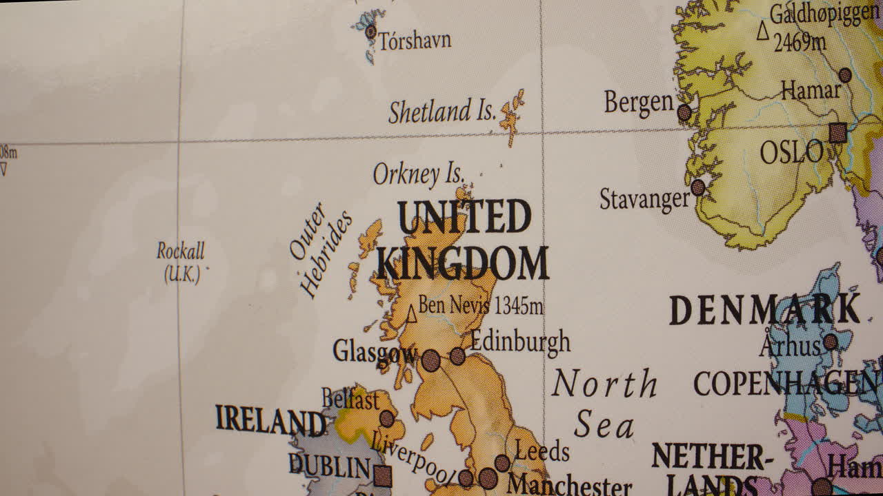 Close-up view of a map showing the United Kingdom, Ireland, and Scandinavia