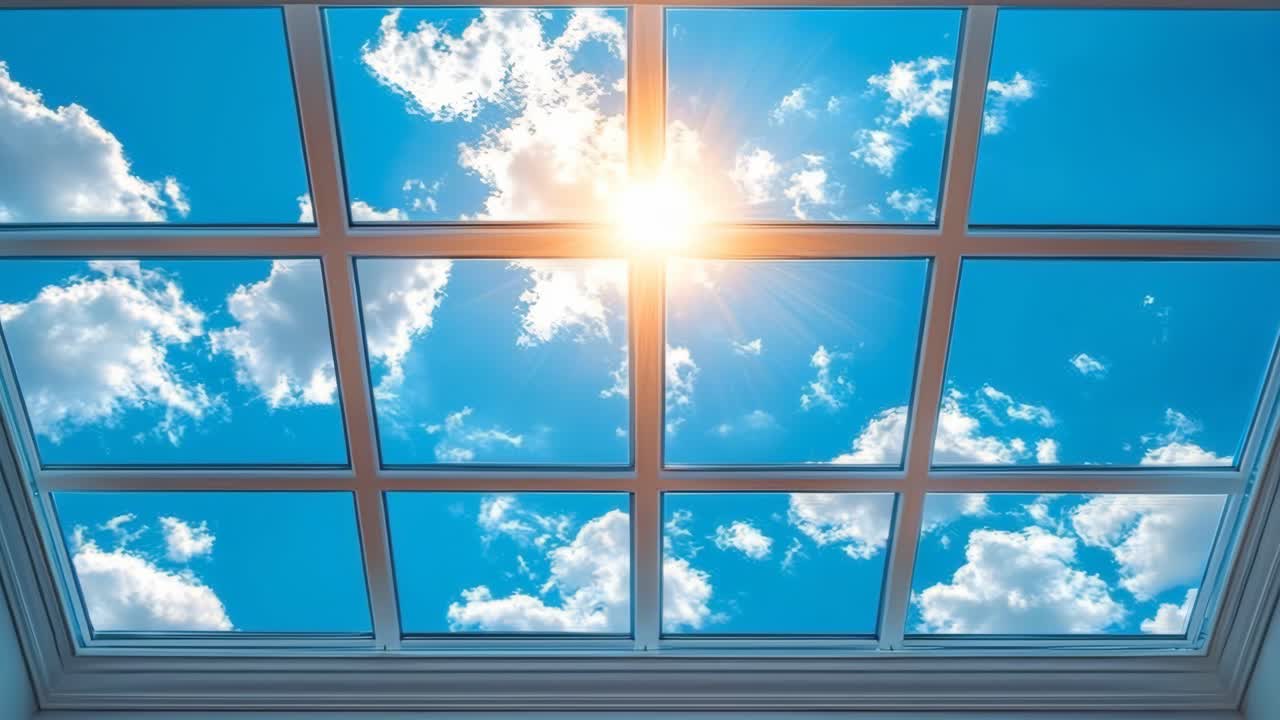 Sunlight through glass ceiling. Sunlight pours into the room through a grid of glass panels, illuminating a clear blue sky dotted with fluffy clouds.